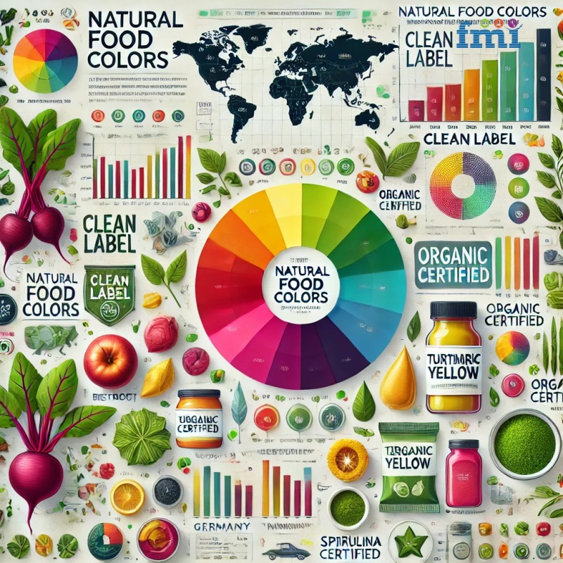 Various food products colored with beta carotene including orange juice, margarine, and processed cheese arranged attractively