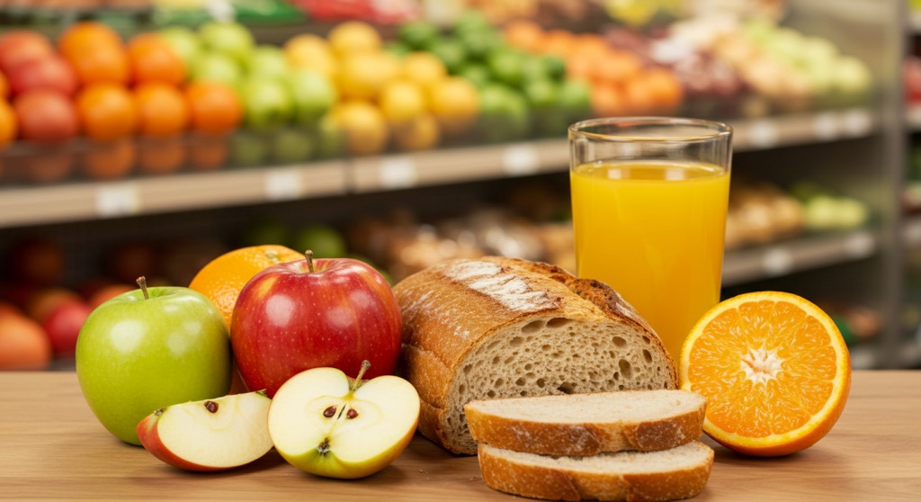 Freshly sliced apples, a loaf of bread, and a glass of orange juice, all looking vibrant and fresh, set against a bright grocery store backdrop.