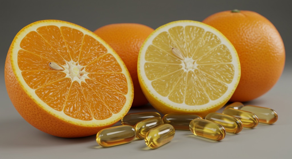 Sliced lemons and oranges alongside transparent vitamin C capsules, symbolizing ascorbic acids natural sources and health benefits.