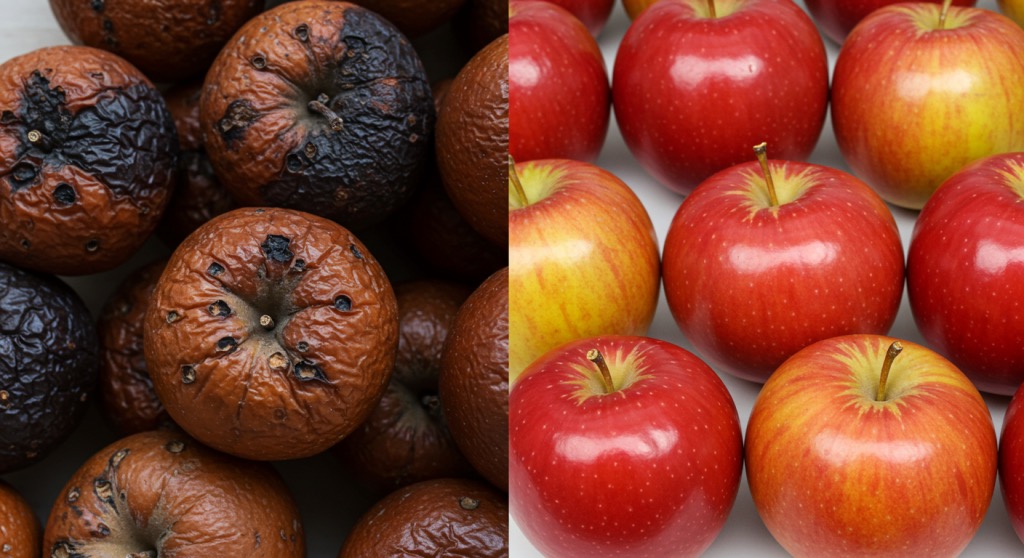 A comparison image showing one side with browned, oxidized apples and the other with fresh, vibrant apples preserved using ascorbic acid.