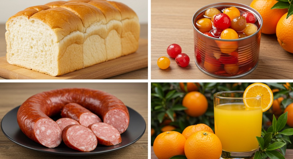 Four images showing ascorbic acids applications: fluffy bread, fresh canned fruits, vibrant sausages, and orange juice.